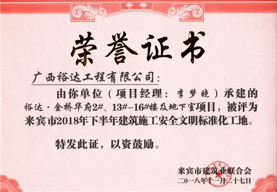 來賓市2018年下半年安全文明標(biāo)準(zhǔn)化工地（裕達(dá)。金橋華府2#、13#-16#樓及地下室）